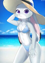  2018 4_fingers anthro beach bikini breasts clothing cloud digital_media_(artwork) dipstick_ears disney ear_markings ears_down female fingers fur grey_body grey_fur hat headgear headwear hi_res judy_hopps lagomorph leporid light lighting looking_at_viewer mammal multicolored_ears navel outside pivoted_ears purple_eyes rabbit sand sea seaside shaded sky smile solo sparkles sunlight swetpot swimwear unavailable_at_source water zootopia 