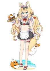  =_= animal_ear_fluff animal_ears apron arm_up black_bra black_skirt blonde_hair blush bow bowtie bra breasts burger chibi detached_collar detached_sleeves drink drinking_straw female food footwear_bow fox fox_ears fox_girl fox_tail french_fries frilled_apron frilled_skirt frilled_sleeves frills fuwafuwa-chan_(kamiyoshi_rika) green_eyes hairbow highres holding holding_plate kamiyoshi_rika long_hair looking_at_viewer maid medium_breasts midriff multicolored_hair oerba_yun_fang open_mouth original plaid_bow plate red_bow red_bowtie red_ribbon ribbon ribbon-trimmed_bra sandals sidelocks simple_background skirt solo streaked_hair tail twintails underwear very_long_hair white_apron white_background white_bow 