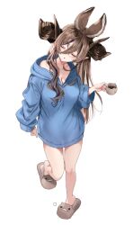  218 animal_ears asymmetrical_hair blue_hoodie brown_hair brown_horns closed_eyes coffee_mug cosplay cup extra_ears female galleon_(granblue_fantasy) gran_(granblue_fantasy) gran_(granblue_fantasy)_(cosplay) granblue_fantasy highres hood hoodie horns mug multicolored_hair no_pants open_mouth pointy_ears slippers solo streaked_hair 