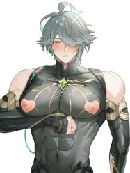  1boy abs alhaitham_(genshin_impact) alpaitham aqua_eyes aqua_hair black_gloves black_shirt black_sleeves blush clothing_cutout genshin_impact gloves grey_hair hair_between_eyes hair_over_one_eye heart_cutout highres jewelry looking_at_viewer male_focus multicolored_hair muscular muscular_male nipple_cutout nipples shirt short_hair solo white_background 