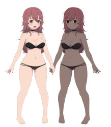  2girls :d :| aren&#039;t_grim_reapers_supposed_to_be_scary barefoot bikini black_bikini black_choker black_eyes black_nails breasts choker closed_mouth dark-skinned_female dark_skin facial_tattoo full_body hair_between_eyes highres holding_hands kamuo lafi_(kamuo) light_blush long_hair looking_at_viewer medium_breasts messy_hair multiple_girls navel purple_eyes rafi_(kamuo) red_hair red_pupils reference_sheet siblings sidelocks simple_background smile spaghetti_strap strapless strapless_bikini swimsuit tachi-e tattoo thick_thighs thighs twins white_background 