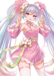  armpits blue_hair bow breasts cleavage commentary cowboy_shot dated detached_collar detached_sleeves dress female flower frilled_dress frilled_sleeves frills gold_ribbon hair_between_eyes hair_flower hair_ornament hair_ribbon hairbow hands_up hatsune_miku highres kanoll_(user_wjyd3282) long_hair looking_at_viewer middle_w miku_day mixed-language_commentary neck_ribbon parted_lips pink_dress pink_eyes pink_ribbon pink_sleeves ribbon sleeveless sleeveless_dress small_breasts smile solo standing strapless strapless_dress striped_clothes striped_dress thighhighs twintails vertical-striped_clothes vertical-striped_dress very_long_hair vocaloid w white_background white_flower white_thighhighs wide_sleeves zettai_ryouiki 