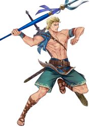  1boy abs belt blonde_hair blue_eyes fighting_stance fire_emblem fire_emblem:_shadow_dragon fire_emblem_heroes gladiator_sandals highres holding_trident male_focus male_swimwear mekameka_shii multiple_scars muscular muscular_male navel no_nipples non-web_source official_art ogma_(fire_emblem) ogma_(summer)_(fire_emblem) pectorals sandals scar scar_on_face sword topless_male transparent_background weapon 