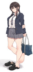  absurdres bare_legs barefoot batatata77 black_footwear black_hair black_serafuku blazer feet female highres jacket legs long_hair long_sleeves looking_at_viewer necktie no_socks original school_uniform serafuku shirt shoes skirt soles spread_toes toes white_shirt 