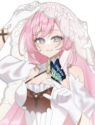  bare_shoulders blue_butterfly blue_eyes breasts bridal_veil bug butterfly cleavage closed_mouth detached_sleeves dress elysia_(honkai_impact) elysia_(miss_pink_elf)_(honkai_impact) female gloves hair_between_eyes highres holding_butterfly holding_veil honkai_(series) honkai_impact_3rd large_breasts long_hair looking_at_viewer official_alternate_costume pink_hair smile toodaaa_000 upper_body veil very_long_hair white_background white_dress white_gloves 