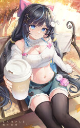  bare_shoulders belt black_belt blue_eyes blue_hair blue_shorts breasts cleavage_cutout clothing_cutout commission crop_top cup denim denim_shorts detached_sleeves female hair_ornament hair_ribbon hairclip highres holding holding_cup large_breasts long_hair long_sleeves multicolored_hair navel original outdoors outstretched_arm pink_ribbon qiaogun_damodao rabbit_hair_ornament ribbon short_shorts shorts sitting sleeves_past_wrists smile streaked_hair tree twintails 