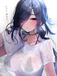  bikini bikini_under_clothes black_bikini black_choker blue_hair breasts choker clorinde_(genshin_impact) closed_mouth commentary_request dark_blue_hair eyes_visible_through_hair female genshin_impact hair_between_eyes hair_over_one_eye highres holding holding_towel large_breasts long_hair long_hair_between_eyes looking_at_viewer low_ponytail multicolored_hair outdoors purple_eyes sanada_nagi see-through see-through_shirt shirt solo streaked_hair swimsuit towel translation_request upper_body wet wet_clothes white_shirt 