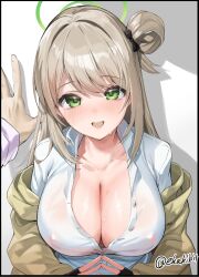  against_wall blue_archive blush breasts cardigan cleavage collared_shirt covered_nipples ekakibito female green_eyes green_halo hair_bun hair_rings halo hand_on_wall highres kabedon large_breasts light_brown_hair long_hair long_sleeves looking_at_viewer no_bra nonomi_(blue_archive) open_clothes open_mouth partially_unbuttoned pov pov_hands see-through see-through_shirt shirt single_side_bun smile sweat unbuttoned unbuttoned_shirt wet wet_clothes wet_shirt white_shirt yellow_cardigan 