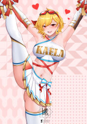  armpits blonde_hair blush braid breasts character_name cheerleader crop_top earrings eyewear_on_head female highres hololive hololive_indonesia jewelry kaela_kovalskia landacdeus looking_at_viewer medium_breasts midriff miniskirt navel open_mouth pom_pom_(cheerleading) red-tinted_eyewear red_eyes side_braid single_earring skirt smile solo split standing standing_on_one_leg standing_split sunglasses sweat tinted_eyewear virtual_youtuber zettai_ryouiki 