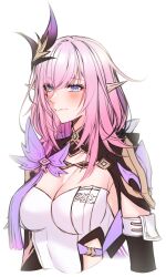  blue_eyes blush breasts cleavage clothing_cutout corset cropped_torso elf elysia_(honkai_impact) elysia_(miss_pink_elf)_(honkai_impact) female hair_between_eyes hair_ornament highres honkai_(series) honkai_impact_3rd large_breasts long_hair pink_hair pointy_ears side_cutout sieka_(piiroinardesco) upper_body white_background white_corset 