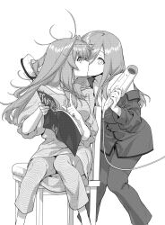  2girls book breasts brushing_another&#039;s_hair brushing_hair go-toubun_no_hanayome greyscale hair_brush hair_dryer highres holding holding_hair_brush holding_hair_dryer kissing long_hair looking_at_viewer messy_hair monochrome multiple_girls nakano_itsuki nakano_miku off_shoulder on_chair pajamas profile siblings simple_background single_bare_shoulder sisters sitting standing twitter_username white_background yu_(flowerbird3830) 