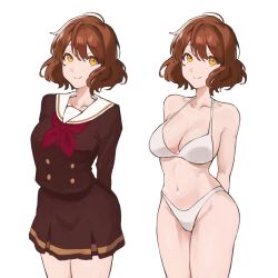  arms_behind_back bikini breasts brown_hair brown_serafuku brown_shirt brown_skirt commentary_request female fukuya_art hibike!_euphonium highres medium_breasts multiple_views navel neckerchief orange_eyes oumae_kumiko pleated_skirt red_neckerchief sailor_collar school_uniform serafuku shirt short_hair simple_background skirt swimsuit white_background white_bikini white_sailor_collar 