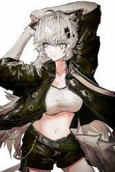  animal_ears arknights bandeau black_jacket black_shorts blue_eyes breasts cowboy_shot female hair_between_eyes highres jacket lappland_(arknights) long_hair material_growth medium_breasts midriff navel open_clothes open_jacket oripathy_lesion_(arknights) runamonet scar scar_across_eye shorts twitter_username very_long_hair white_background white_bandeau white_hair wolf_ears 