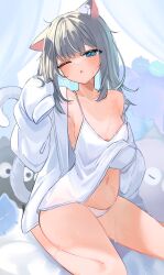  animal_ears blue_eyes breasts cat_ears cat_girl cat_tail commentary female grey_hair haro_(1026_86) highres indie_virtual_youtuber light_blush looking_at_viewer nachoneko navel nightgown no_bra on_bed one_eye_closed open_mouth panties sitting sleepwear sleepy small_breasts solo stuffed_toy sweat tail underwear virtual_youtuber waking_up wariza white_nightgown white_panties 