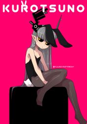  animal_ears artist_name black_horns black_leotard black_pantyhose black_sclera blunt_bangs breasts character_name cleavage closed_mouth colored_sclera demon_girl demon_horns dot_nose earrings expressionless fake_animal_ears fake_tail female funamusea grey_hair grey_horns highres horn_piercing horns jewelry jitome kurotsuno leotard long_hair looking_to_the_side pantyhose pink_background playboy_bunny pointy_ears rabbit_ears rabbit_tail redscarfy simple_background sitting small_breasts solo strapless strapless_leotard sutare_yume tail yellow_eyes 