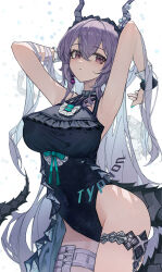  absurdres arknights armpits arms_behind_head arms_up black_one-piece_swimsuit black_tail breasts character_name closed_mouth commentary_request covered_navel cowboy_shot female frilled_one-piece_swimsuit frills grey_horns hair_between_eyes highres horns large_breasts long_hair looking_at_viewer nian962464 one-piece_swimsuit purple_hair red_eyes solo swimsuit thigh_strap typhon_(arknights) typhon_(temperature_difference)_(arknights) very_long_hair white_background 