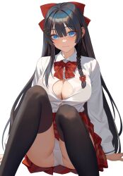  arm_support black_hair black_thighhighs blue_eyes bow bowtie braid breasts bursting_breasts button_gap collared_shirt crotch_seam dress_shirt feet_out_of_frame female hair_between_eyes hair_ornament hairbow hashtag-only_commentary heart heart_hair_ornament highres hongcasso knees_up large_breasts light_blush light_smile long_hair long_sleeves looking_at_viewer panties pantyshot plaid_clothes plaid_skirt puffy_long_sleeves puffy_sleeves red_bow red_bowtie red_skirt shirayuki_hina shirt shirt_tucked_in side_braid simple_background single_braid sitting skirt solo stellive striped_bow striped_bowtie striped_clothes thighhighs underwear very_long_hair virtual_youtuber wavy_mouth white_background white_panties white_shirt 