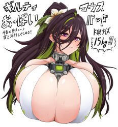  bare_shoulders bikini black_hair blush breasts cleavage cleavage_cutout clothing_cutout commentary_request female flower goddess_of_victory:_nikke green_hair guilty_(nikke) guilty_(wave_of_disbelief)_(nikke) hair_between_eyes hair_flower hair_ornament highres huge_breasts long_hair looking_at_viewer multicolored_hair official_alternate_costume purple_eyes sideboob simple_background solo streaked_hair swimsuit tkool_man translation_request two-tone_hair white_background white_bikini 