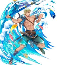  1boy abs belt blonde_hair blue_eyes fighting_stance fire_emblem fire_emblem:_shadow_dragon fire_emblem_heroes fish gladiator_sandals highres holding_trident male_focus male_swimwear mekameka_shii multiple_scars muscular muscular_male navel no_nipples non-web_source official_art ogma_(fire_emblem) ogma_(summer)_(fire_emblem) open_mouth pectorals sandals scar scar_on_face sword topless_male transparent_background water weapon 