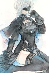  10h_(nier_reincarnation) black_blindfold black_gloves blindfold capelet clothing_cutout covered_eyes dress female garter_straps gloves highres medium_hair nier_(series) nier_reincarnation puffy_sleeves solo turtleneck white_hair wolf_cut yurikawa_(yurikawa_kwyr) 