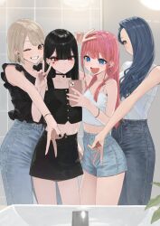  4girls bare_shoulders black_choker black_hair blue_eyes blue_hair blunt_bangs brown_eyes camisole cellphone choker collarbone commentary_request cowboy_shot denim denim_shorts enokawa_kokoro_(hara_kenshi) expressionless hair_over_one_eye hara_kenshi heart_on_cheek highres kimishima_touka kunitomi_ryouka kuroba_mitsuha light_brown_hair long_hair midriff miniskirt multiple_girls original phone red_eyes reflection selfie shorts skirt smartphone smile v 