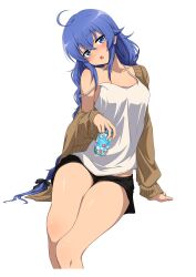  absurdres ahoge blue_eyes blue_hair blush braid breasts can cropped_legs female hair_between_eyes highres legs long_hair long_sleeves looking_at_viewer medium_breasts mushoku_tensei nishizuki_shino open_mouth roxy_migurdia short_shorts shorts solo thighs twin_braids very_long_hair white_background 