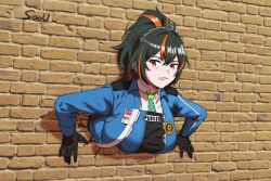  ahoge black_gloves black_hair black_vest blue_jacket blue_vest breasts brick_wall checkered_necktie clenched_teeth collared_shirt commentary crack cracked_wall earpiece female gloves green_necktie hair_between_eyes highres immobilization jacket large_breasts long_hair metal_hairband mixed-language_commentary multicolored_hair necktie open_clothes open_jacket orange_eyes pants photo_background police police_badge police_uniform policewoman ponytail red_hair shirt sidelocks signature solo soou_(govlqjatn) streaked_hair stuck teeth through_wall uniform vest white_shirt zenless_zone_zero zhu_yuan 