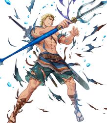  1boy abs belt blonde_hair blue_eyes clenched_teeth fire_emblem fire_emblem:_shadow_dragon fire_emblem_heroes gladiator_sandals highres holding_trident male_focus male_swimwear mekameka_shii multiple_scars muscular muscular_male navel no_nipples non-web_source official_art ogma_(fire_emblem) ogma_(summer)_(fire_emblem) pectorals sandals scar scar_on_face sword teeth topless_male torn_clothes transparent_background water weapon 