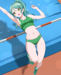  absurdres aqua_hair bang_dream! blush breasts buruma collarbone commentary english_commentary female fries_vanquisher green_buruma green_eyes green_footwear green_sports_bra hair_between_eyes high_jump highres hikawa_sayo long_hair medium_breasts navel open_mouth ponytail shadow socks solo sparkle sports_bra stomach sweat teeth upper_teeth_only white_socks 