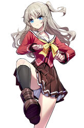  black_socks blue_eyes brown_footwear brown_skirt charlotte_(anime) closed_mouth female grey_hair highres hoshinoumi_academy_school_uniform kneehighs long_hair looking_at_viewer one_side_up red_shirt ririko_(zhuoyandesailaer) sailor_collar school_uniform shirt simple_background skirt socks solo tomori_nao white_background white_sailor_collar 