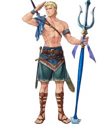  1boy abs belt blonde_hair blue_eyes closed_mouth fire_emblem fire_emblem:_shadow_dragon fire_emblem_heroes gladiator_sandals highres holding_trident male_focus male_swimwear mekameka_shii multiple_scars muscular muscular_male navel no_nipples non-web_source official_art ogma_(fire_emblem) ogma_(summer)_(fire_emblem) pectorals sandals scar scar_on_face sword topless_male transparent_background weapon 