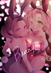  2girls absurdres animal_ears ass breasts fishnet_pantyhose fishnets green_eyes green_hair hairband highres kanroji_mitsuri kimetsu_no_yaiba kochou_shinobu medium_breasts multicolored_hair multiple_girls one_eye_closed open_mouth pantyhose pink_hair playboy_bunny purple_eyes purple_hair rabbit_ears sky_blue_025250 smile 