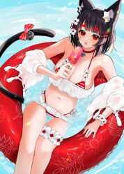  afloat alternate_costume animal_ear_fluff animal_ears azur_lane bell bikini black_hair cat_ears cat_girl cat_tail female food frilled_bikini frills hair_ornament highres holding holding_food holding_popsicle innertube jacket looking_at_viewer mismatched_eyebrows neck_bell off_shoulder open_clothes open_jacket open_mouth popsicle red_bikini red_eyes scrunchie short_hair swim_ring swimsuit tail tail_bell tail_ornament thigh_scrunchie white_jacket wrist_scrunchie yamaha_tsui yamashiro_(azur_lane) 