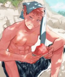  0doodle2 1boy blue_swim_trunks eating food food_on_face fruit itadori_yuuji jujutsu_kaisen looking_at_viewer male_focus male_swimwear nipples outdoors rock sand shade sitting solo swim_trunks topless_male towel towel_on_head tree_shade watermelon watermelon_seeds watermelon_slice 