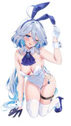  ;p absurdres ahoge animal_ears black_gloves blue_eyes blue_footwear blue_hair breasts commentary_request covered_navel drop-shaped_pupils fake_animal_ears female furina_(genshin_impact) genshin_impact gloves grey_hair hair_between_eyes half_gloves high_heels highleg highleg_leotard highres hizuki_higure leotard light_blue_hair long_hair long_hair_between_eyes looking_at_viewer medium_breasts multicolored_hair one_eye_closed playboy_bunny rabbit_ears side-tie_leotard smile solo strapless strapless_leotard streaked_hair symbol-shaped_pupils thigh_strap thighhighs tongue tongue_out white_gloves white_leotard white_thighhighs white_wrist_cuffs wrist_cuffs 