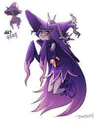  absurdly_long_hair artist_name colored_sclera colored_skin detached_sleeves dress female full_body grin hat highres korean_commentary long_hair looking_at_viewer mismagius personification plant pokemon pokemon_(creature) purple_dress purple_footwear purple_hair purple_hat purple_skin reference_inset simple_background sleeves_past_fingers sleeves_past_wrists smile tamtamdi translated very_long_hair vines white_background witch_hat yellow_sclera 