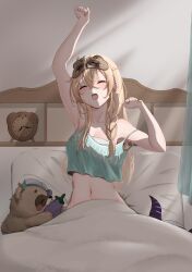  absurdres alarm_clock bed blonde_hair braid camisole character_doll chest_sarashi clock eye_mask female green_camisole highres hololive kamisaka_shyou kazama_iroha la+_darknesss long_hair mask mask_on_head messy_hair midriff navel pokobee sarashi side_braid stretching under_covers virtual_youtuber waking_up 