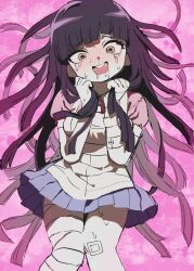  :d amkm_8 bandaged_leg bandages bandaid bandaid_on_knee bandaid_on_leg black_hair blush breasts brown_eyes collared_shirt danganronpa_(series) danganronpa_2:_goodbye_despair female hands_up highres large_breasts long_hair looking_at_viewer miniskirt mole mole_under_eye multicolored_hair pink_background pink_shirt pleated_skirt puffy_short_sleeves puffy_sleeves shirt short_sleeves skirt smile solo tears tsumiki_mikan two-tone_shirt 