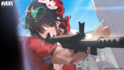  1boy absurdres aiming artist_request assault_rifle bikini blue_sky breasts brown_hair cleavage closed_mouth commentary cropped day english_commentary eyewear_on_head female flower goddess_of_victory:_nikke gun hair_flower hair_ornament highres holding holding_gun holding_weapon long_hair medium_breasts muscular muscular_male official_art open_clothes open_shirt outdoors pink_flower red_bikini red_eyes red_flower red_shirt rifle sakura_(bloom_in_summer)_(nikke) sakura_(nikke) shirt short_hair short_sleeves sky sunglasses swimsuit weapon white_shirt 