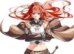  aged_up ahoge black_hairband breasts brown_jacket brown_shorts commentary cowboy_shot cropped_shirt crossed_arms eris_greyrat female floating_hair grin hair_between_eyes hairband hand_wraps highres jacket large_breasts long_hair long_sleeves looking_at_viewer midriff mushoku_tensei navel open_clothes open_jacket red_eyes red_hair saico_isshin sheath sheathed shirt shorts sidelocks simple_background sleeveless sleeveless_shirt smile solo standing sword teeth thick_eyebrows very_long_hair weapon white_background white_shirt 