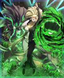  1boy absurdly_long_hair absurdres armor bare_shoulders black_eyes blazblue blazblue:_cross_tag_battle blonde_hair breasts cleavage clenched_hand dress female fur_trim glowing_skin green_eyes green_light heterochromia high_ponytail highres hilda_(under_night_in-birth) kbloodsaw large_breasts lipstick long_dress long_hair looking_at_viewer makeup multicolored_armor multicolored_clothes multicolored_dress off-shoulder_dress off_shoulder ponytail punching purple_lips smile sparkle susanoo_(blazblue) swept_bangs two-tone_dress under_night_in-birth very_long_hair 