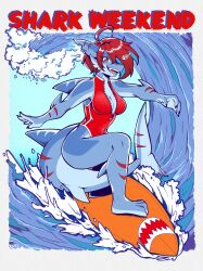  2024 absurd_res ahoge anthro blue_body blue_highlights breasts clothing ear_piercing ear_ring english_text eyebrows eyelashes feet female fish hair hi_res highlights_(coloring) marine notched_ear one-piece_swimsuit open_mouth orange_eyes piercing plantigrade red_clothing red_hair red_stripes red_swimwear remibun ring_piercing sea shark sharp_teeth solo stripes surfboard surfing swimwear teeth text water wave zipper zipper_swimwear 