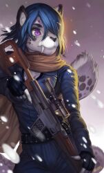  2016 anthro black_nose blue_hair clothed clothing day digital_media_(artwork) dragunov fangs felid feline fingers fur gun hair hi_res holding_gun holding_object holding_ranged_weapon holding_weapon looking_forward male mammal outside purple_eyes ranged_weapon snow snowing solo standing tail teeth umikit weapon white_sclera 