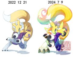  2024 ambiguous_gender anthro armwear artist_logo bandai_namco big_tail black_sclera blue_eyes bridal_gauntlets claws clothing digimon digimon_(species) dipstick_ears ear_markings fur hi_res logo multicolored_body multicolored_ears multicolored_tail renamon solo tail tomoe_(symbol) tuft white_body white_fur yellow_body yellow_fur youzaiyouzai112 