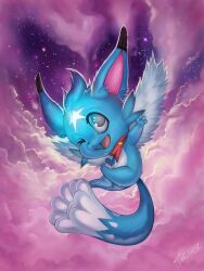  2016 ambiguous_gender blue_body cloud digital_media_(artwork) domestic_cat fairy_tail felid feline felis fusion happy_(fairy_tail) hi_res mammal one_eye_closed open_mouth painting_(artwork) paws scarf sky solo star tail teeth tongue umikit wings 