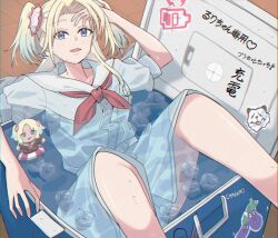  blonde_hair blue_dress blue_eyes blue_hair breast_pocket breasts character_charm charm_(object) commentary_request cooler dress feet_out_of_frame female flower goldluck gradient_hair hair_flower hair_ornament hasu_no_sora_school_uniform highres ice ice_cube in_container light_blue_hair light_blush link!_like!_love_live! long_hair looking_at_viewer love_live! medium_breasts medium_dress multicolored_hair neckerchief oerba_yun_fang open_mouth osawa_rurino parted_bangs partially_submerged pink_flower pleated_dress pocket puffy_short_sleeves puffy_sleeves red_neckerchief sailor_collar sailor_dress school_uniform short_sleeves smile solo sticker summer_uniform translation_request twintails virtual_youtuber water wet white_sailor_collar 