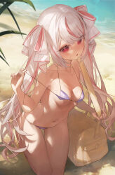  bag beach bikini blush breasts day duffel_bag female highres indie_virtual_youtuber kneeling looking_at_viewer medium_breasts metatarou mole mole_under_eye multicolored_hair outdoors pink_hair purple_bikini red_eyes shinomiya_uka solo strap_pull streaked_hair swimsuit twintails untied_bikini virtual_youtuber white_hair 