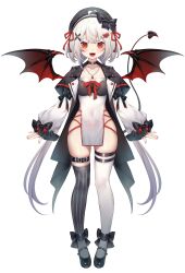  :d absurdres ankle_bow asymmetrical_legwear belt beret black_belt black_bow black_choker black_coat black_footwear black_hat black_thighhighs black_wings bow bowtie breasts broken_heart_hair_ornament choker cleavage coat covered_navel demon_girl demon_tail demon_wings dress fangs female full_body hair_ornament hair_ribbon hairbow hat heart_o-ring highres jewelry long_hair long_sleeves looking_at_viewer low_twintails mary_janes medium_breasts mismatched_legwear moriyama_meiko necklace o-ring o-ring_choker official_art open_clothes open_coat pelvic_curtain pinstripe_thighhighs pubic_tattoo_through_clothing puffy_long_sleeves puffy_sleeves red_bow red_bowtie red_eyes red_ribbon ribbon shoes short_dress skindentation smile solo standing stardust_project straight-on tachi-e tail teeth thigh_belt thigh_strap thighhighs tongue transparent_background twintails very_long_hair virtual_youtuber viry_(stardust_project) white_dress white_hair white_sleeves white_thighhighs wings x_hair_ornament 