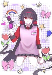  balloon black_hair black_skirt blood bow danganronpa_(series) danganronpa_v3:_killing_harmony dao_(li_0069) female flower hair_ornament hair_scrunchie hand_puppet harukawa_maki highres holding holding_knife kneeling knife low_twintails monokuma no_hair_ornament pink_blood pink_bow pink_shirt pleated_skirt puppet rainbow red_eyes red_scrunchie red_shirt scrunchie shirt skirt solo star_(symbol) sticker twintails 