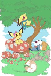  2018 ambiguous_gender backpack bag blue_scarf bow_ribbon cheek_spots closed_smile detailed_background digital_media_(artwork) feet female fungus fur generation_2_pokemon generation_5_pokemon generation_7_pokemon grass group hi_res mouth_closed muro_(aots) mushroom nintendo oshawott paws pichu plant pokemon pokemon_(species) rowlet scarf sitting sky sleeping smile tail talons toes tree umikit yellow_body 